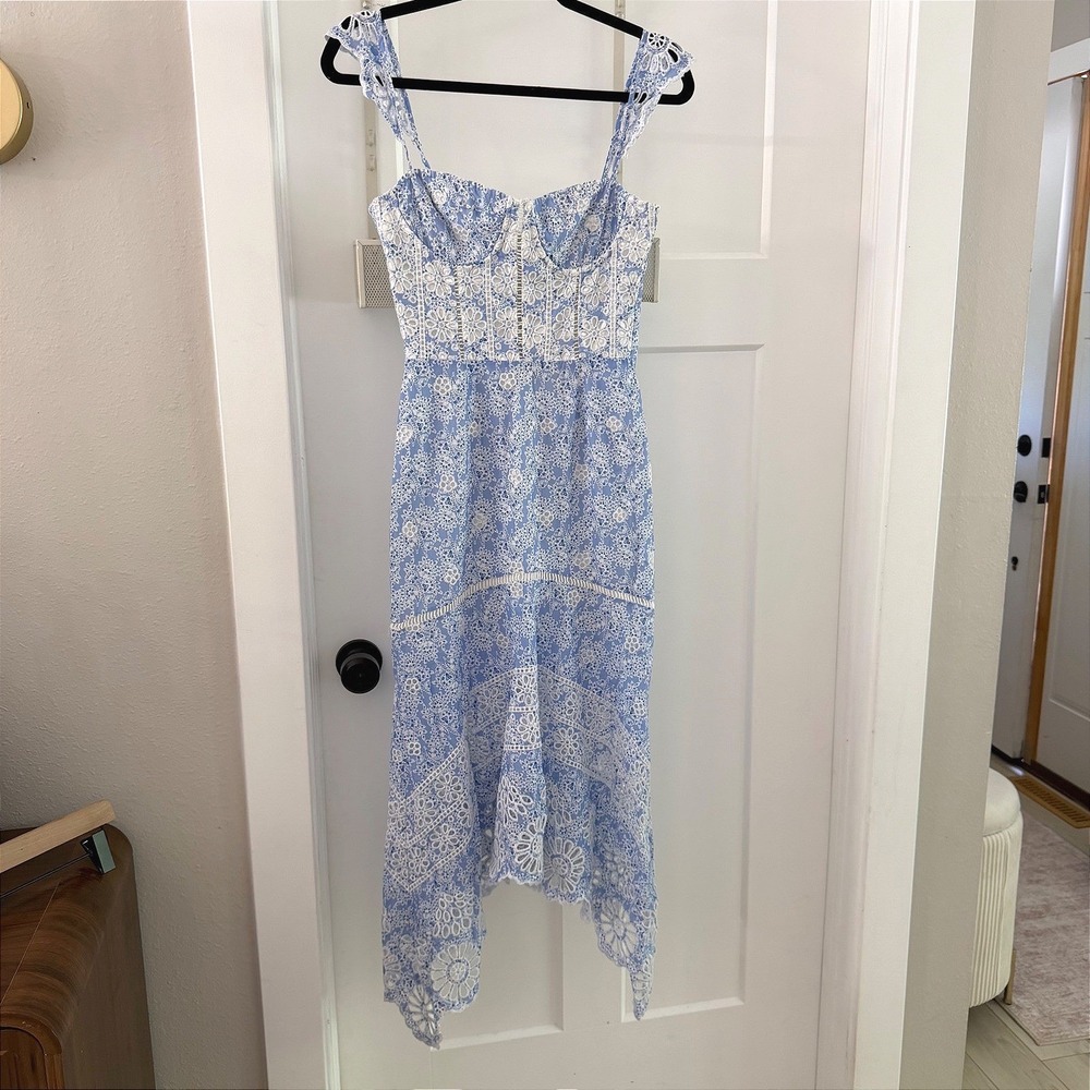 KARINA GRIMALDI IRMA EYELET MIDI DRESS Blue Floral Eyelet Ruffle sleeve Small